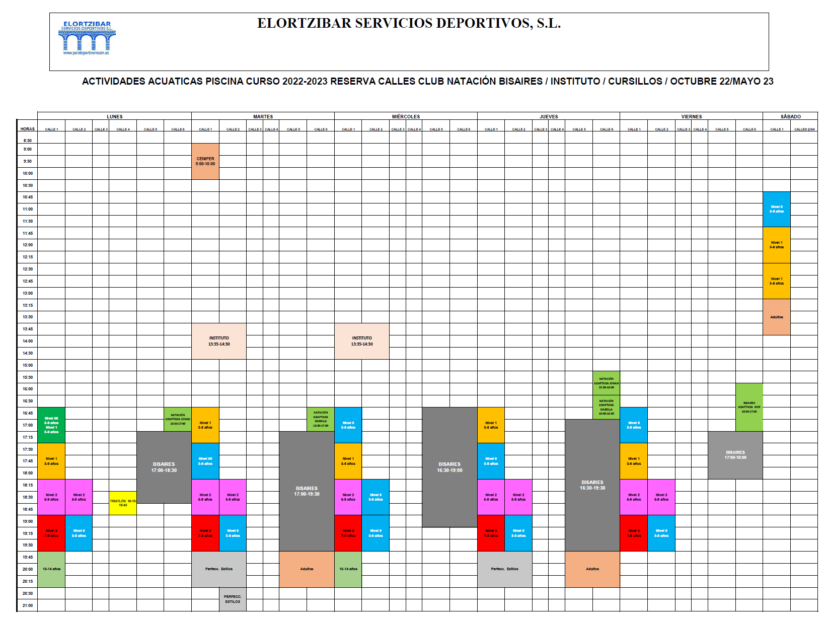 Polideportivo Noain Planilla actividades acuáticas piscina nado